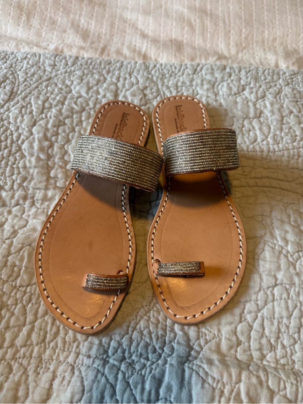 Laidback London Beaded Metallic Silver Toe-Ring Slide Sandals